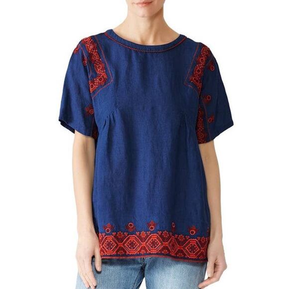 NWOT SEA NEW YORK Blouse 2/S Leah Red Navy Embroidered Short-Slv Cotton Indie - Picture 1 of 7